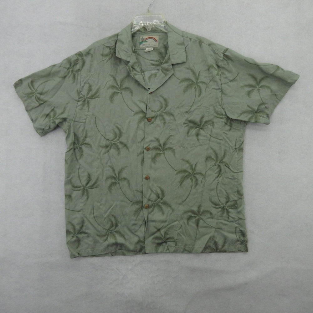 Paradise Found Shirt Mens Large Green Palm Tree Hawaiian Aloha Button Up VTG